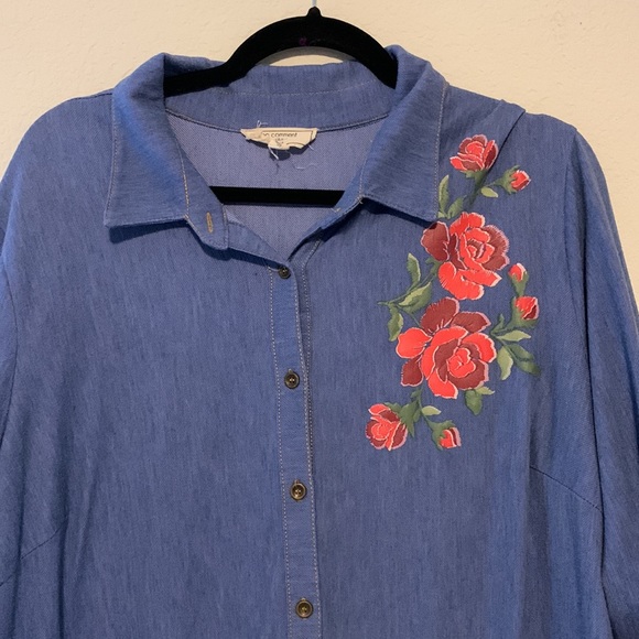 No comment Jean floral button up knee synch dress half sleeve with collar - Picture 2 of 8